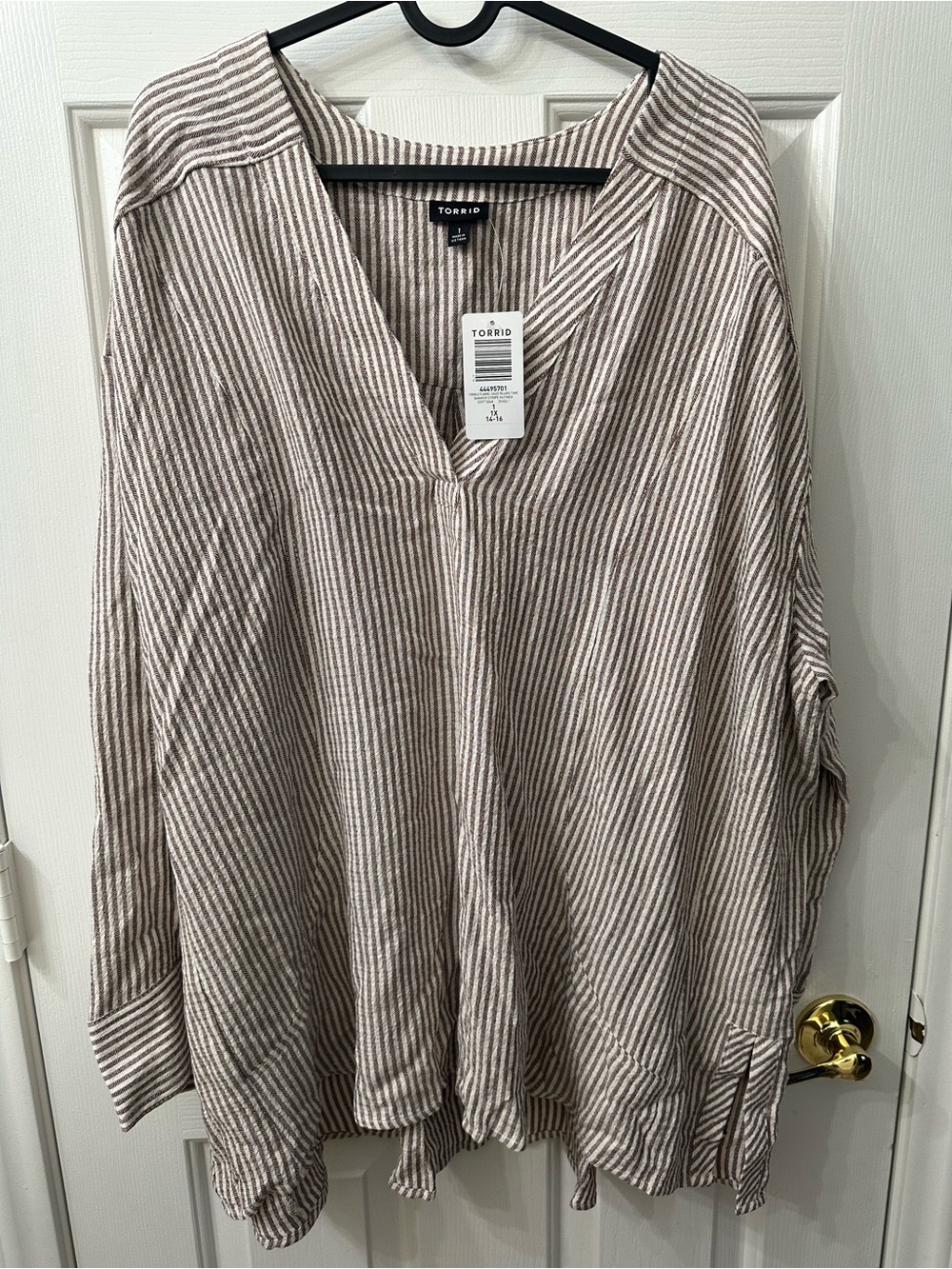 Torrid Top Tunic Blouse Brown/Red White Stripes V-Neck Long-Sleeve 1X NWT